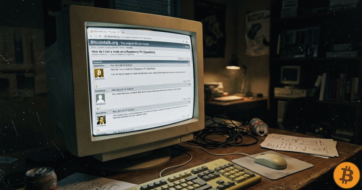 Grainy screenshot of a 2013 Bitcointalk forum thread displayed on a CRT monitor in a dimly lit room, representing early Bitcoin community discussions.